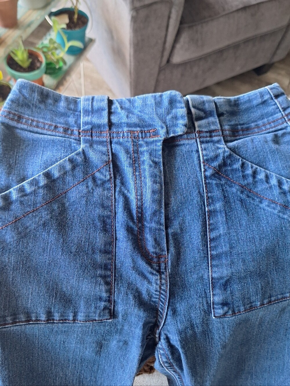 Forever 21 XS High-Rise, Flare Leg Blue Denim Pants with Patch Pockets